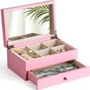 Meangood Jewelry Box Organizer for Women, 2 Layer Large Jewelry Storage Case, Rustic Wooden Jewelry Box with Mirror & Ring Tray for Necklace Earring Bracelets Rings, Vintage Style (Pink)
