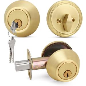 Moquin Gold Deadbolt Lock for Exterior Door, Single Cylinder Deadbolt with Key, One-Sided Deadbolt Lock, Satin Brass