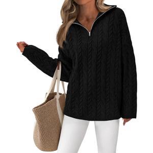 PRETTYGARDEN Womens Spring Sweaters 2026 Long Sleeve Quarter Zip Pullover Sweater Casual Loose V Neck Cable Knit Jumper Tops (Black, S)
