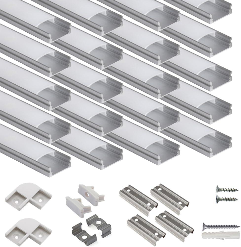 20-Pack 3.3ft/1Meter U Shape LED Aluminum Channel System with Milky Cover, End Caps and Mounting Clips, Aluminum Profile for LED Strip Light Installations, Very Easy Installation