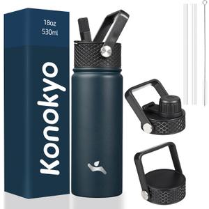 Konokyo 18 oz Insulated Water Bottle Stainless Steel Sport Bottles with 3 Lids,Navy Blue