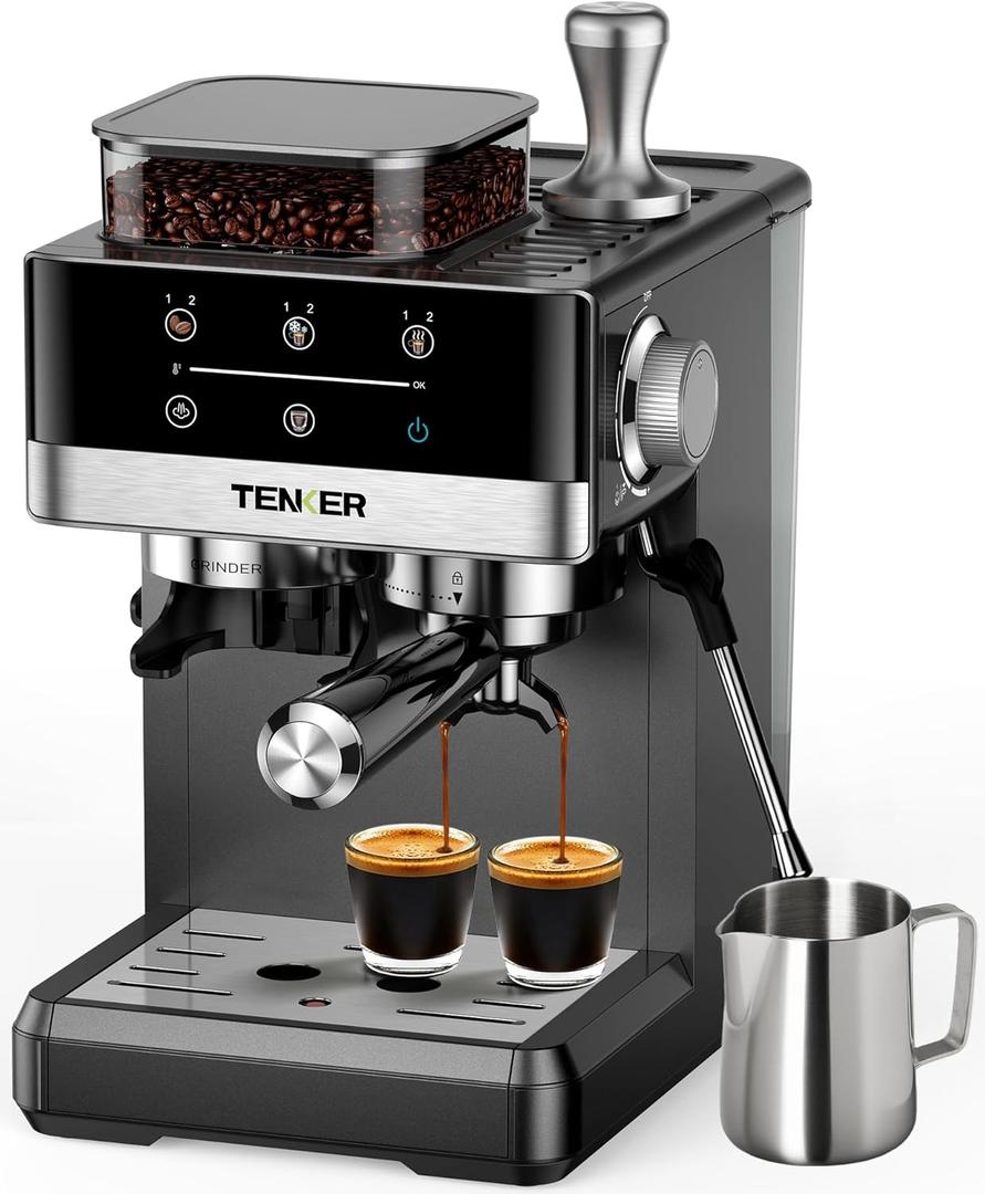 TENKER Espresso Machine with Grinder, 20 Bar Coffee Machine with Milk Frother for Home, All-in-One Stainless Steel Coffee Maker to Make Latte, Cappuccino, Hot or Cold Brew Iced Coffee (Black)