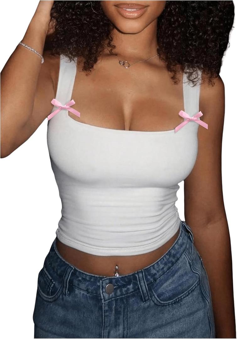Verdusa Women's Coquette Bowknot Crop Tops Going Out Ruched Fitted Tank Top (White, XS)
