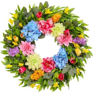 18 Inch Spring Wreaths for Front Door with Dahlias, Hydrangeas, Peonies, Eucalyptus - Artificial Spring Summer Front Door Wreath for Farmhouse, Porch, Window, Wedding, Indoor Outdoor Home Decor