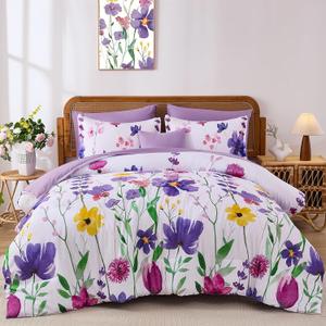 Annibedding Purple King Size Comforter Set, 8 Pieces Soft Microfiber Floral Bed in a Bag Comforter Bed Set with Pillowcase and Sheets for All Season(90"x104")