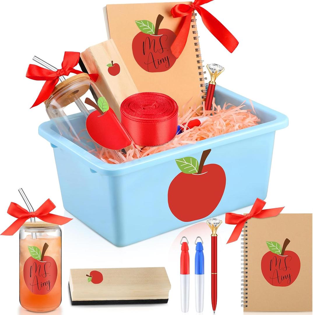 8 Pcs Back to School Teacher Gift from Students Thank You Teacher Appreciation Gift Set for First Day of School Women Glass Cup Basket Notebook Pen Dry-erase Marker