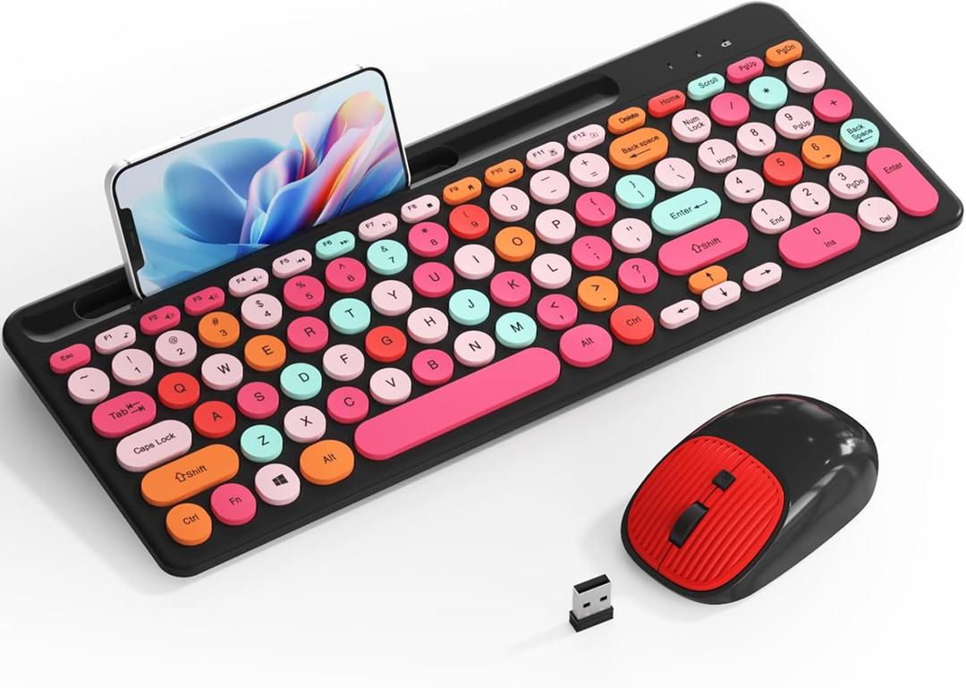 Retro Typewriter Wireless Keyboard with Round Keycaps, 2.4GHz Compact USB Cute Wireless Keyboard and Mouse Combo for Desktop, Laptop and Computer (Black-Colorful)