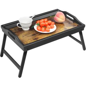 Tray Table for Bed, Bamboo Breakfast Serving Tray with Folding Legs and Handles, Laptop and Snack Bed Table with Cross Bar & Media Slot, Dark Brown with Black Legs, for Bedroom, Sofa, Kitchen