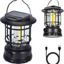 Solar Camping Lantern, USB Rechargeable Retro Dimmable Horse Camp Lamp Outdoor IPX4 Waterproof Vintage Portable Tent Light for Indoor Outages Hiking Emergency, Black