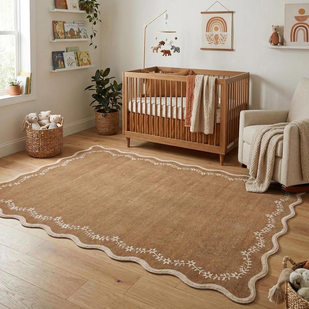 GarveeHome 4x6 Brown Scalloped Washable Area Rug for Nursery Room, Solid Floral Soft Nursery Rug Non Slip Low Pile Small Carpet Stain Resistant Throw Rug for Dorm Kids Room Office Dining Room