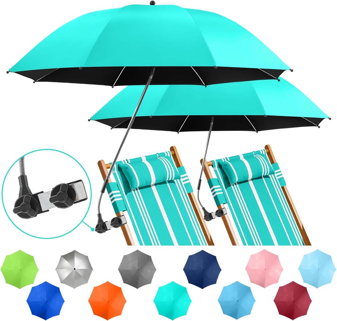 2 PACK Beach Umbrella with Clamp, 360 Adjustable Umbrellas for Chair, UPF50+ Umbrella for Beach Chair, Patio Chair, Wheelchair, Camping Chair, Golf Carts (Chair Not Included)