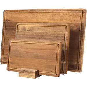 KOLWOVEN Wood Cutting Boards for Kitchen - Set of 3, Wooden Cutting Board Set with Holder for Chopping Meat, Cheese, Fruits, Vegetables, Knife Friendly Serving Tray