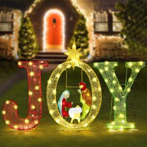 Tuanse 3 Pcs Outdoor Joy Christmas Decoration 35 Inch Large Lighted Joy Christmas Yard Sign with Nativity Scene Set Outdoor Xmas Decorations for Patio Garden Lawn Porch Xmas Holiday Outside Indoor