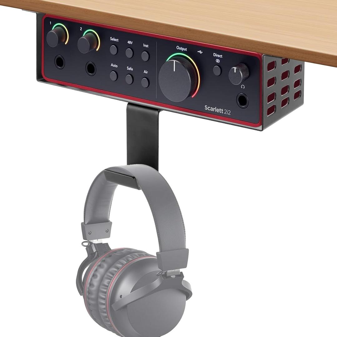 Metal Under Desk Mount for Focusrite Scarlett 2i2 4th Gen with Adjustable Headphone Hanger Stand, Metal Under Desk Mount for Audio Interfaces and Studio Gear (Only for Focusrite Scarlett 2i2 4th Gen)