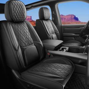 Car Seat Cover Custom Fit for Dodge Ram 1500 2500 3500 2002-2026 Faux Leather Seat Cover Set Compatible with Crew Quad Regular Cab Pickup Truck Cushions (Black, Full Set, Flat Rear)