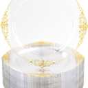 Nervure 100PCS Clear and Gold Plastic Plates - 10.25Inch Gold Disposable Plates - Heavyweight Dinner Plate for Wedding & Party