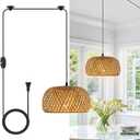 HuisMier Dimmable Plug in Pendant Light Rattan Hanging Lights with 15 Ft Plug in Cord, Handmade Bamboo Lampshade Boho Hanging Light Fixture for Kitchen Island Dining Room Bedroom
