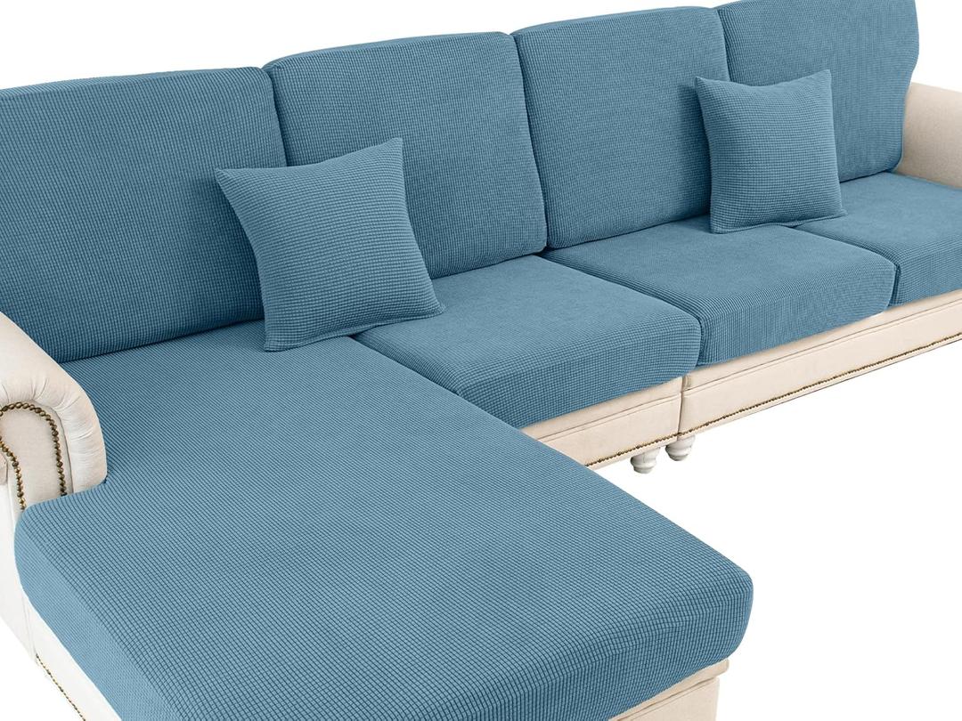 LA MEACK Couch Cushion Covers for Sectional Sofa L Shape Washable Separate Seat Chaise Couch Cover Stretch Sofa Slipcovers with 2 Pcs Pillowcases(3 Seater + 1 Chaise, Blue)