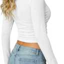 SOFIA'S CHOICE Women Asymmetric Ruched Long Sleeve T Shirt Crop Top Boat Neck Casual Fitted Tee Large (White, L)