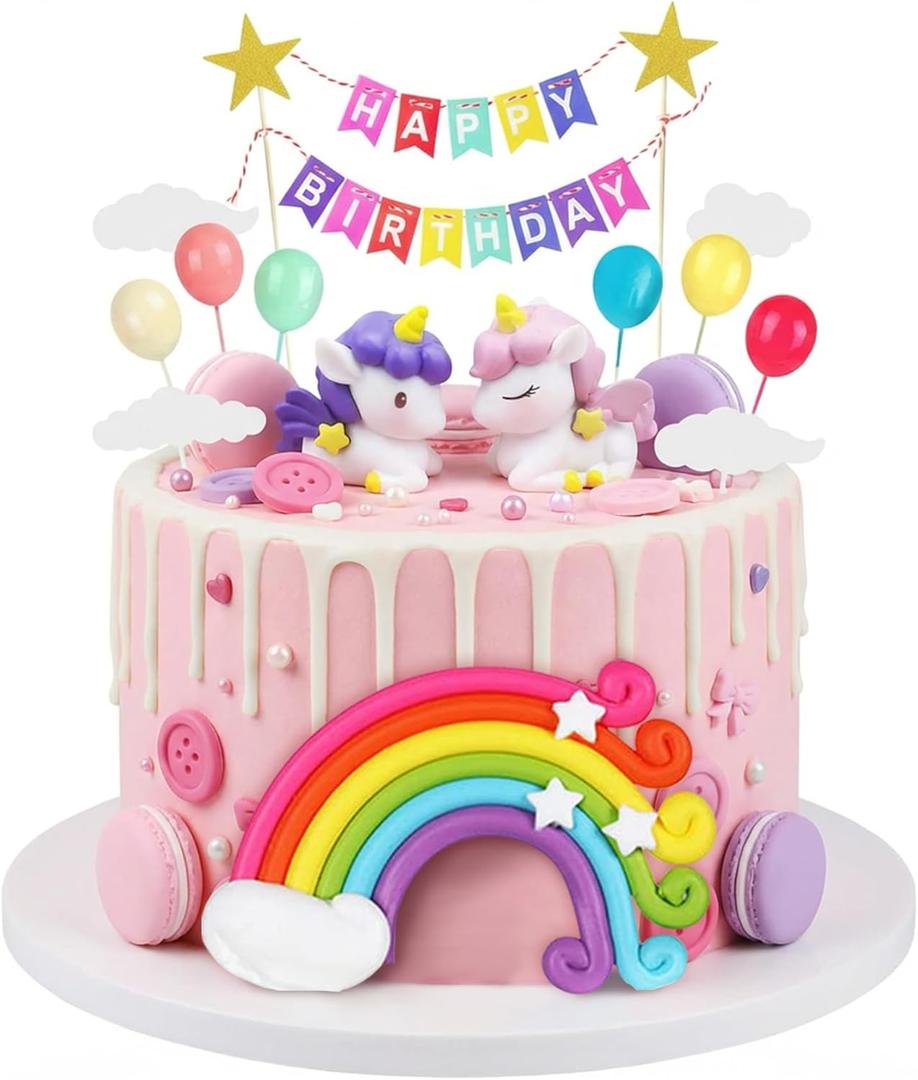 Knana 16Pcs Unicorn Cake Topper Unicorn Rainbow Cake Toppers Colorful Rainbow Clouds Birthday Cake Topper for Happy Birthday Cake Decorations Party Supplies