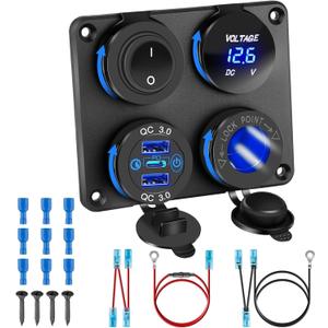 12V USB Charger Panel with PD 30W Ports& Dual QC3.0 18W: 4 in 1 Aluminum Waterproof RV USB Outlet, 150W Cigarette Lighter Socket, LED Voltmeter, Rocker Switch for Boat, Camper, Truck, Accessories
