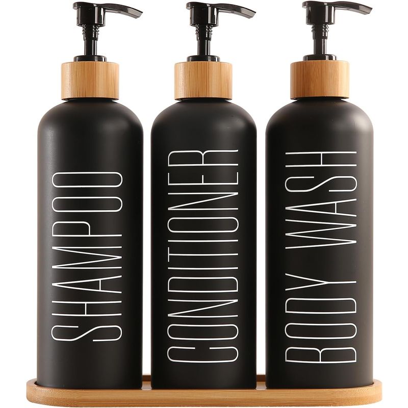 Waso Prus Waso Shampoo and Conditioner Dispenser with Bamboo Pumps & Tray ...