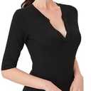 AmélieBoutik Women Deep V Neck Half Sleeve Knit Slim Fitted Tops Casual Work Solid Shirt Blouse, Large , Black 