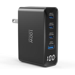 100W USB C Charger, 4-Port PD Fast Charging Station with LED Display, GaN Compact Foldable Laptop Charger for MacBook Pro/Air, iPad Pro, for iPhone 17/16/15 Pro Max, Galaxy S25/S24 Ultra, Steam Deck