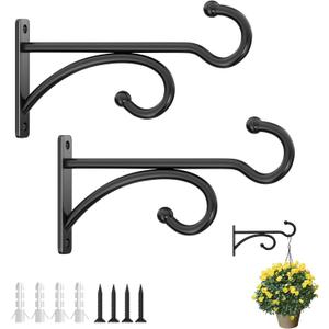 6" Plant Hanger Hooks Outdoor Indoor Planter Hooks, Wall Mounts for Hanging Plants, Baskets, Wind Chimes, Bird Feeders, Lanterns, Bird Houses (Black Metal, 2-Pack)