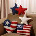 5 Pcs Patriotic Pillows 4th of July Independence Day Wool Pillow Memorial Day Americana Farmhouse Flag Stripe USA Stars Shaped Plush Cushion for Sofa Couch Bedroom Livingroom