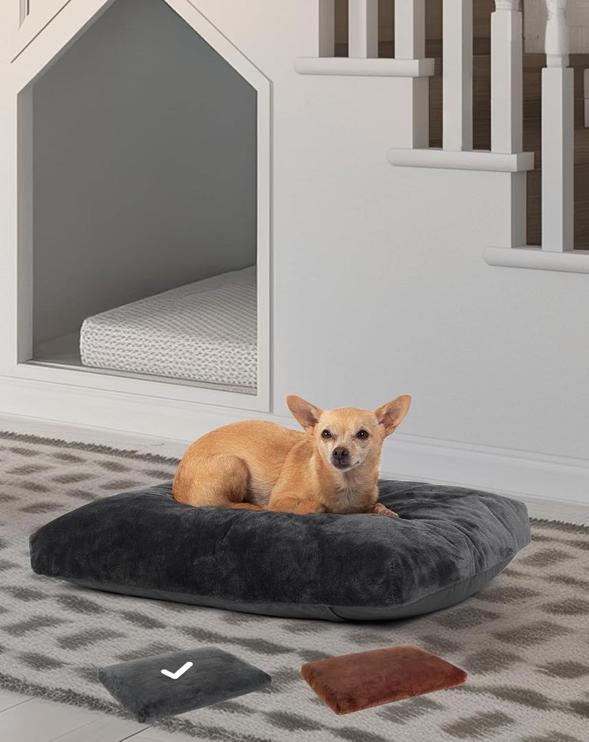 OhGeni Comfort Fluffy Dog Bed with Removable Washable Cover & Waterproof Lining, Chew Proof & Non-Slip Soft Crate Bed for Large, Medium, Small Size Dogs, 23in (Gray)