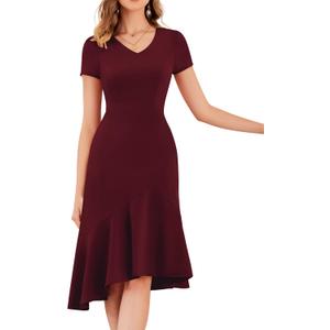 Dressystar Womens Summer V Neck Short Sleeves Dress 2025 Wedding Guest Ruffle Hem Midi Cocktail Dresses with Pockets (X-Large, Burgundy)