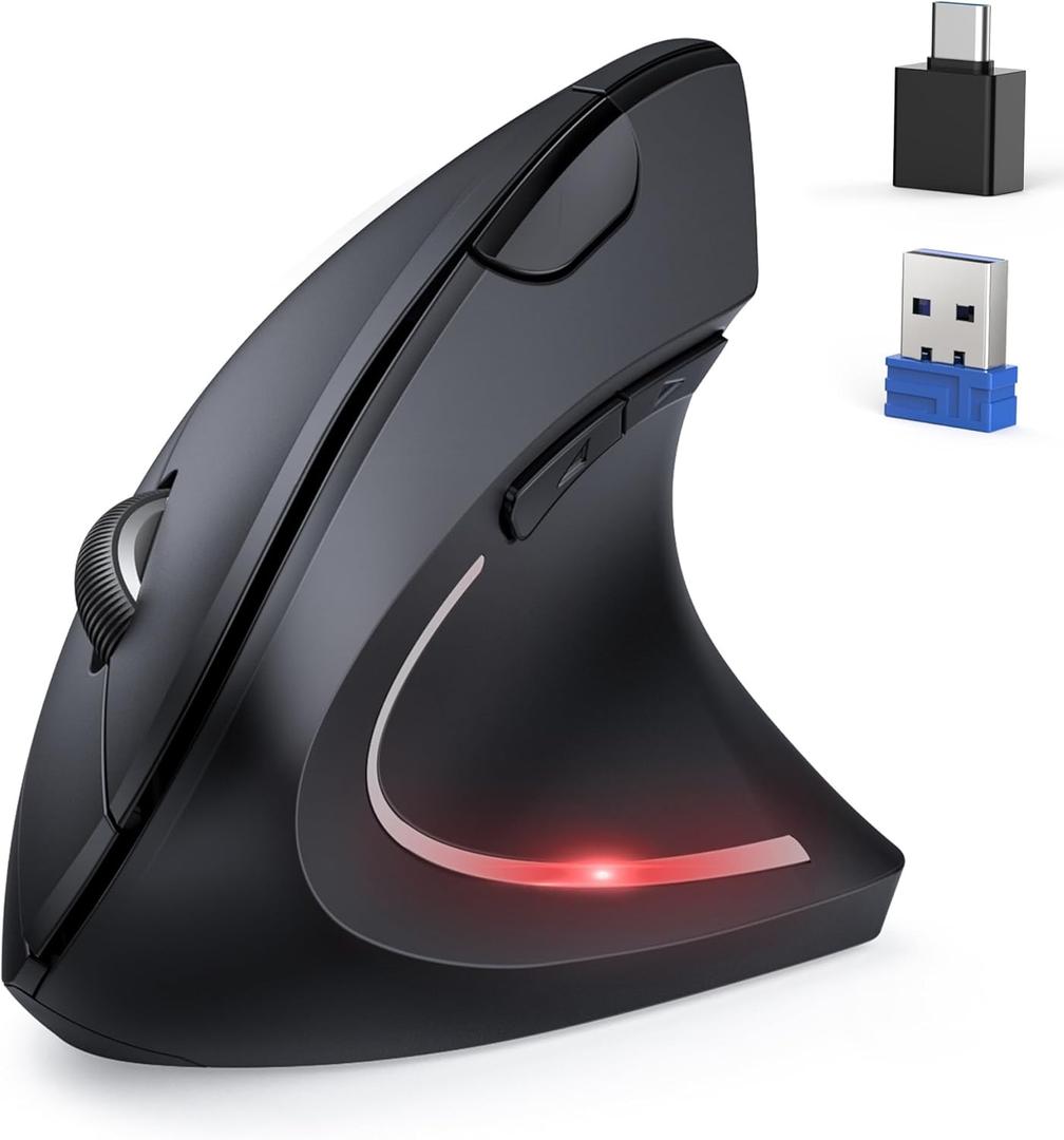 TECKNET Ergonomic Mouse, Jiggler Bluetooth Wireless Vertical Mouse, 4800 DPI Silent Mouse with 6 Adjustable DPI Levels, 2.4GHz (USB A & C) Mouse, 6 Buttons Computer Mice - Wide Compatibility, Black