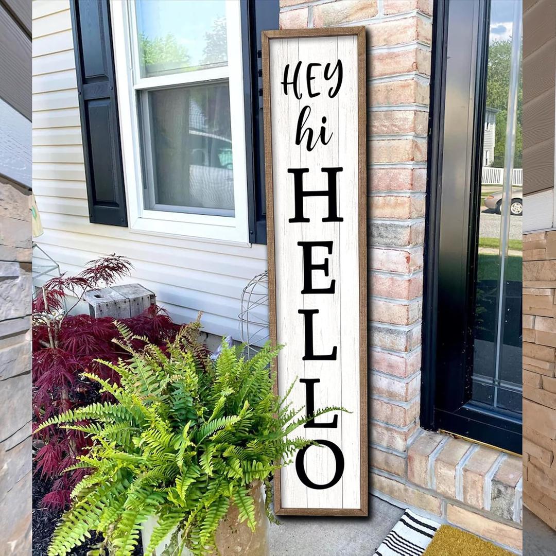 Surfapans Hey Hi Hello Welcome Sign For Front Porch Standing 45"X9" Large Outdoor Tall Wood Frame Vertical Wall Decor Rustic Farmhouse Outside Home Modern Front Door Board Decoration (Wood White)