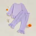 Toddler Girl Halloween Outfit Boo Embroidery Long Sleeve Ruffle Shirt Top Plaid Pants Set 2 Piece Fall Clothes (12-18 Months, Purple)