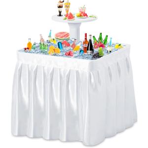 Haddockway Two-Tier Ice Cooler Table, Square Ice Tables for Parties with Drain, Removable Matching Skirt & Rounded Tray, Folding Outdoor Cooler Table for Picnic, Camping, Fishing, Wedding