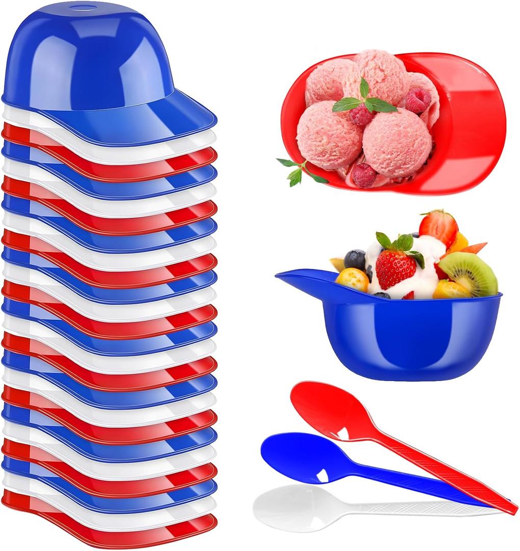 24Pcs Baseball Helmet Bowl,8oz Mini Dessert Bowls with Spoons,Reusable Appetizer Cups for Ice Cream,Snacks,Cake,Pudding,Yogurt,Birthday Party Supplies(Red,Blue,White)