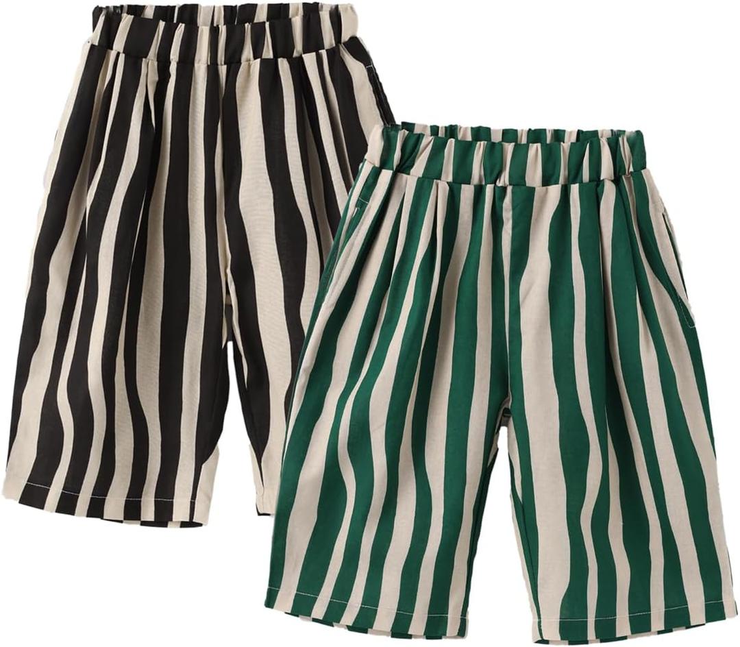 Ashmyova Boy's Cotton Stripe Shorts Summer Elastic Waist Casual Capri Pants for Boys with Pockets 2Pcs (18-24 Months, Black/Green)