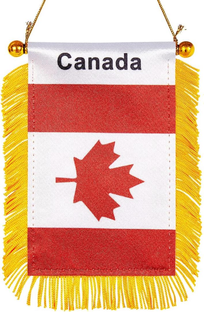 3 x WXTWK 3 X 5 Inch Canada Flag Canadian Window Hanging Flag Small Mini Car Flags Banners Rearview Mirror Decoration With Suction Cup Golden Fringy Banner