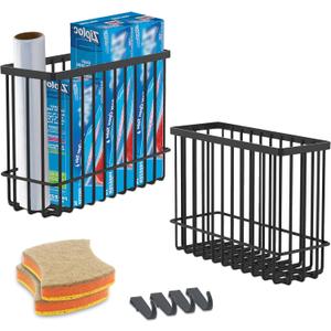 Wall Organizer Baskets, Lid Organizers Inside Cabinet with 2 Caddy Adhesive, Cabinet Door Organizer with 2 Sponges, 4 Hooks, Cabinet Door Storage for Foil Aluminum Roll, Black, 2 Pack (Small, Medium)