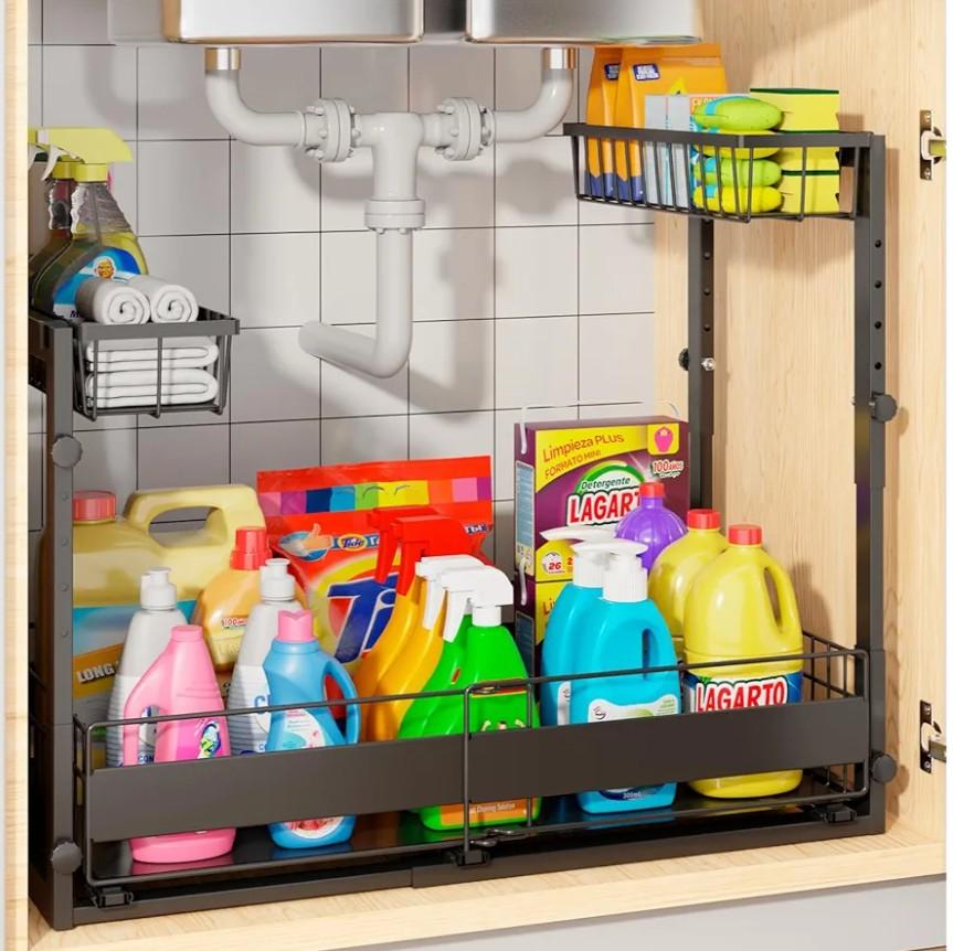 Expandable Under Sink Organizer with 5-Level Height Adjustment,2 Tier Under Sink Organizer Pull-Out Under Sink Drawers Cabinet Organizer for Kitchen & Bathroom Storage, Black, Large