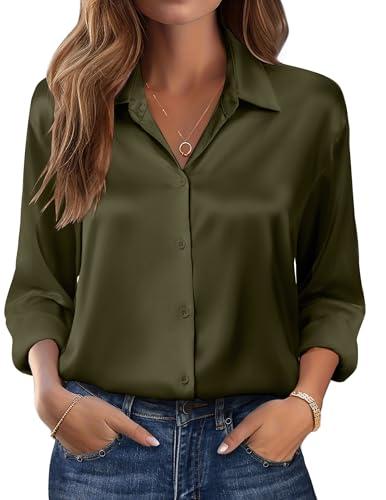 Zeagoo Womens Tops Long Sleeve Button Down Shirts Casual Satin Silk Blouses 2025 Fall Fashion Clothes Army Green M