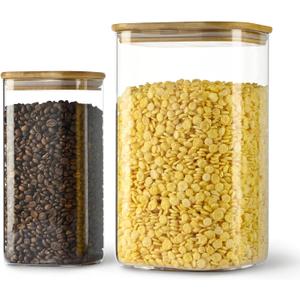 156oz 52oz Airtight Glass Square Storage Canister with Bamboo Lid Set of 2(4600ml*1 1550ml*1) Large Gallon Glass Jars for Sugar, Flour, Cookies and Coffee beans (with Black Lable)