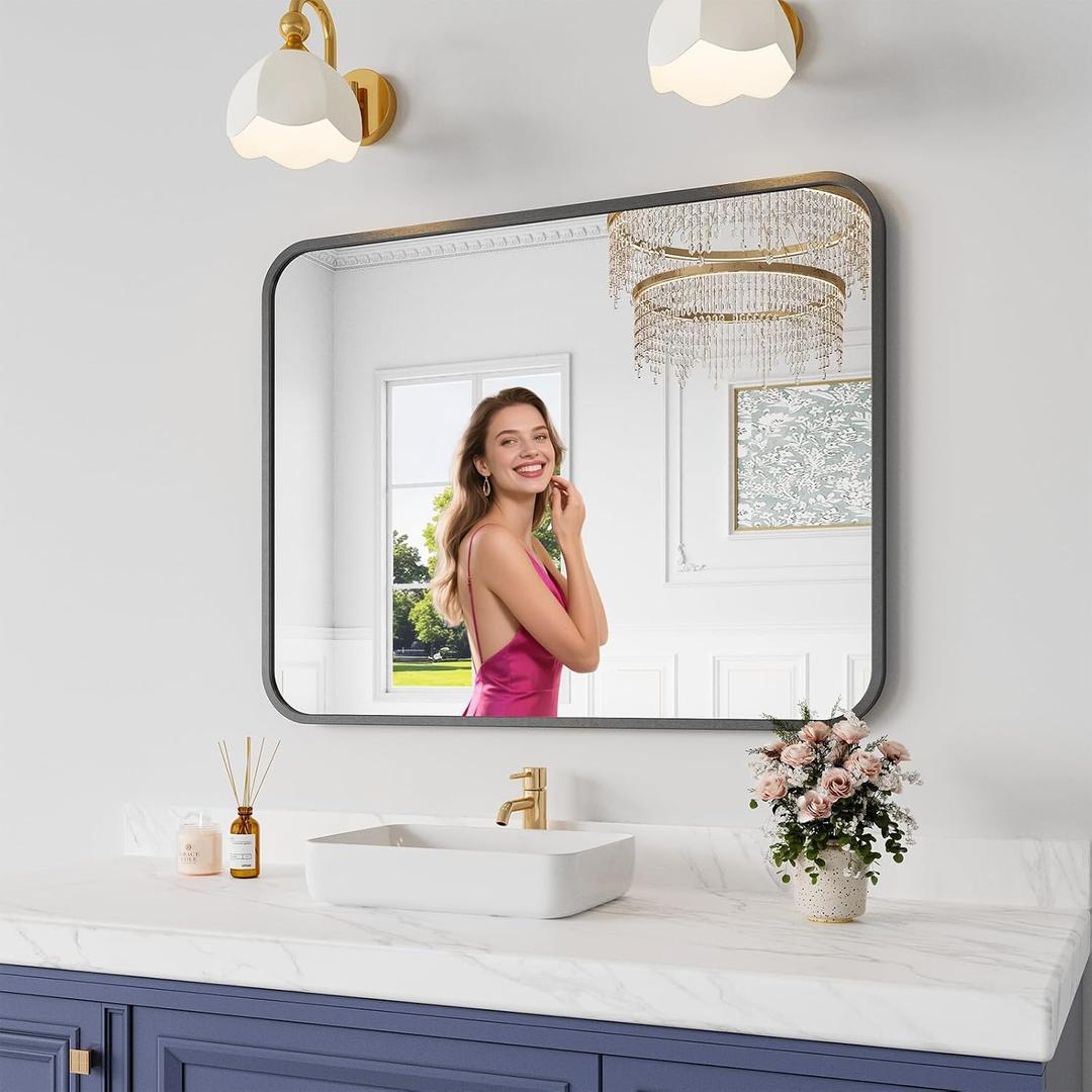 Koonmi Bathroom Mirror, 28X36 Brushed Black Rectangle Wall Mirror, HD Tempered Glass, Anti-Rust Frame Vanity Mirror, Rounded Rectangle Mirror for Restroom, Bedroom, Hangs Horizontal or Vertical