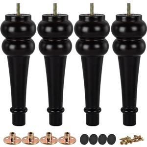 10 inch / 24cm Wooden Furniture Legs, Pack of 4 Walnut Solid Wood Turned DIY Replacement Bun Feet with M8 Hanger Bolts & T-Nuts or Sofa Couch Cabinet Recliner Ottoman Riser