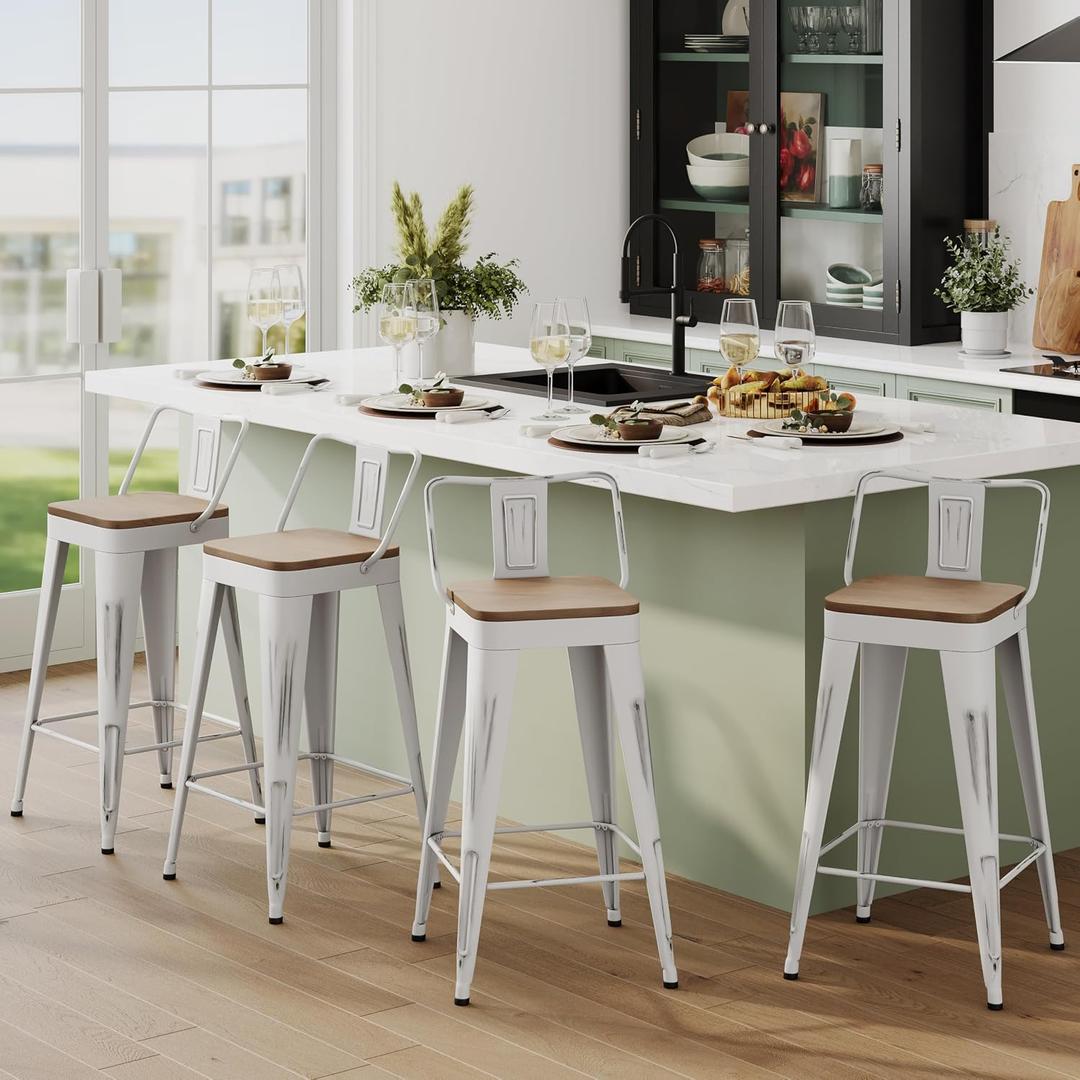 Andeworld Bar Stools Set of 4 Counter Height Stools Industrial Metal Barstools with Wooden Seats(24 Inch, Distressed White)