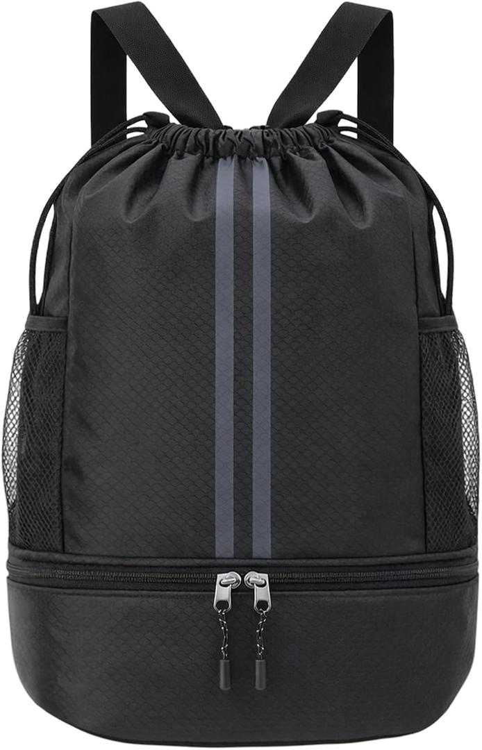 Pimoys Drawstring Backpack Gym Bag, Waterproof String Backpack with Side Mesh Pockets, Beach Bag for Basketball, Soccer, Swim, Wrestling Bag for Women Men