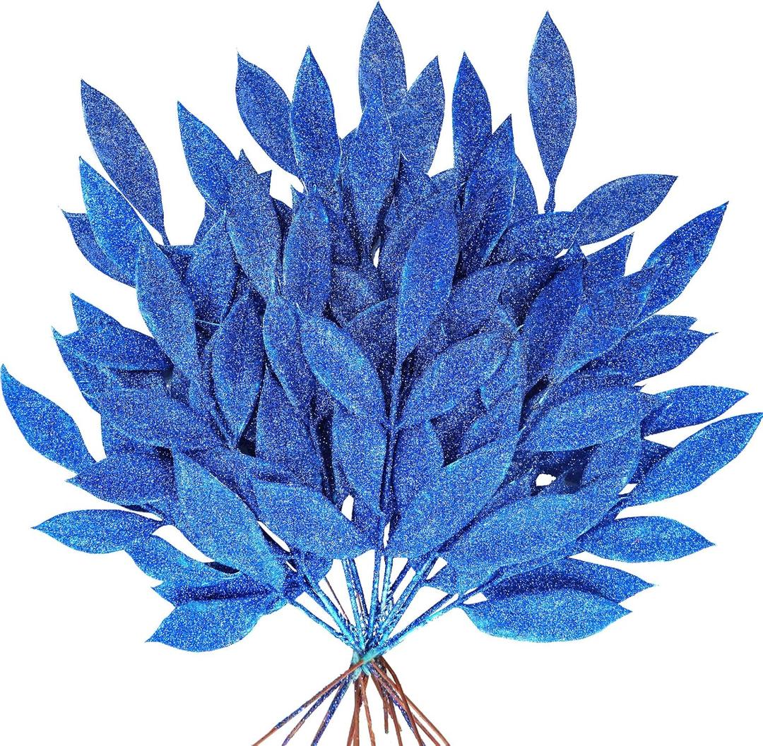 Winlyn 20 Pcs Blue Glitter Bay Leaf Sprays Artificial Christmas Tree Picks Sprays 12.7" Tall for Blue Christmas Tree Wreath Swag Vase Floral Arrangement Winter Wedding Bouquet Centerpiece Decoration