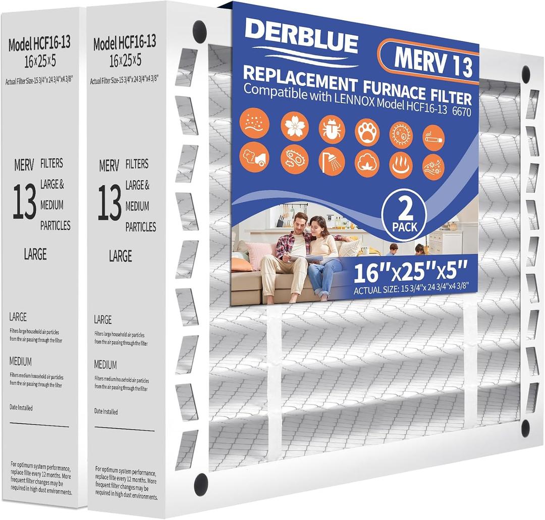 DerBlue 2PACK 16x25x5 MERV 13 Furnace Filter Replacement Compatible with Lennox X6670 HCF16 Pleated HVAC,Foldable Design for Easy Installation & Space-Saving(Actual Size: 15.75 x 24.75 x 4.38in)