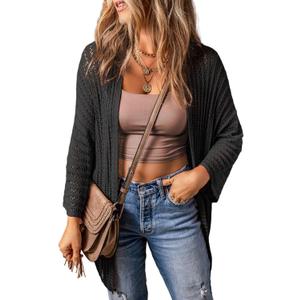 Dokotoo Summer Lightweight Cardigan 2024 Spring Fashion 3/4 Length Sleeve Hollow-Out Knit Beach Cover Ups Cardigans (Small, Black)